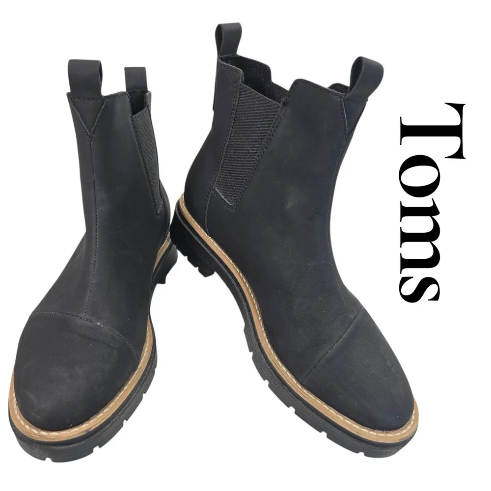 Toms Matte Black Skyar Chelsea Lug Sole Ankle Boots Women 9.5 10018632‎ Cap Toe